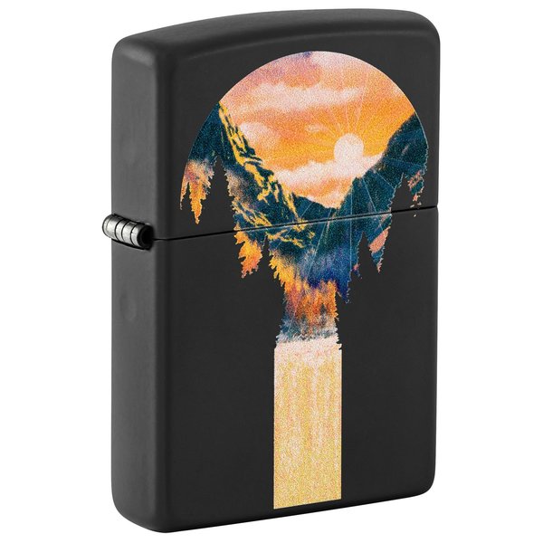 Zippo Black Light Mountain Waterfall Design Black Matte Pocket Lighter 48676